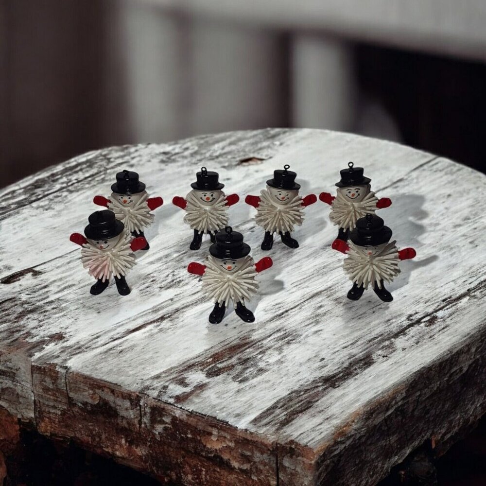 Christmas Tree Ornaments Rubber Bristle Ball Snowman Snowmen Set of 7